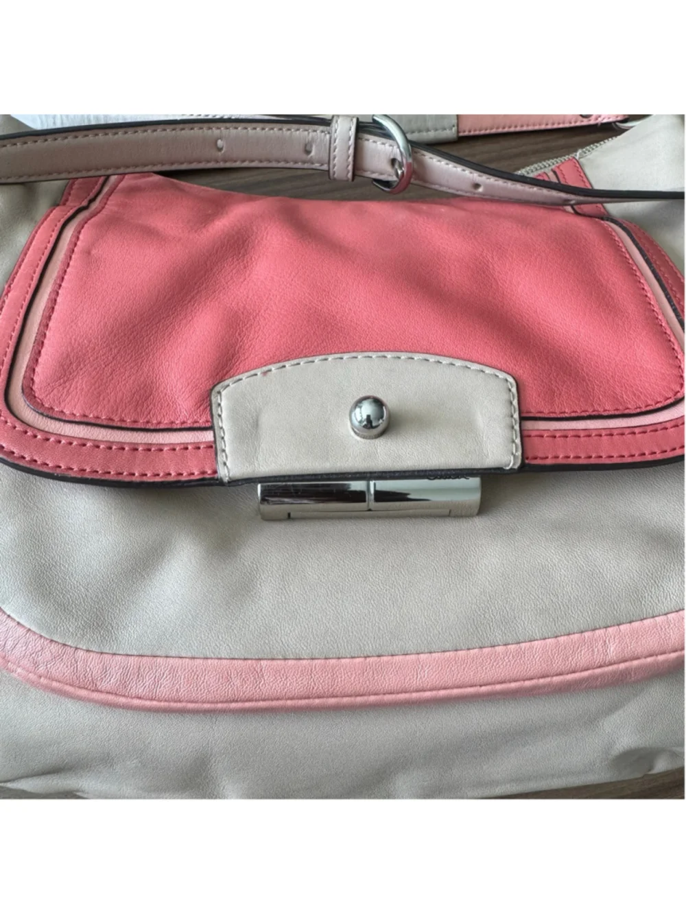 Coach Kristin Colorblock Leather Shoulder Crossbody Bag Beige Coral Pink F22509